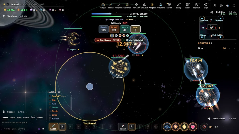 Ships of four units fight over the Crown Beacon on the Touchstone: shields, lasers and a scoreboard
