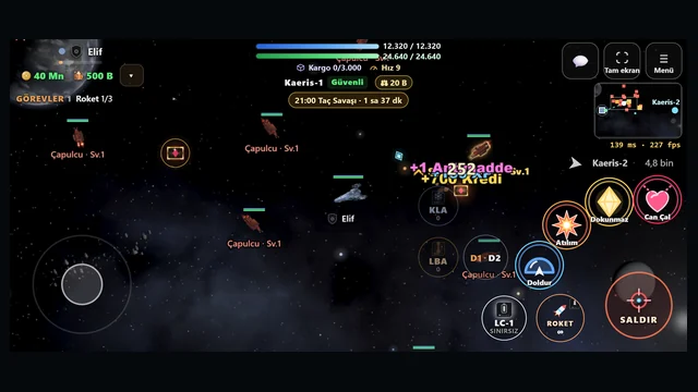 A phone held sideways: the game runs full screen with touch buttons